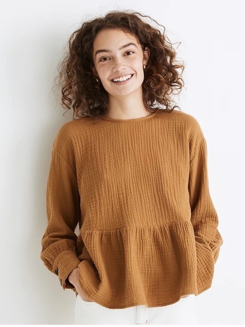New Madewell Mustard Lightspun Button Back Peplum Top Size XS
